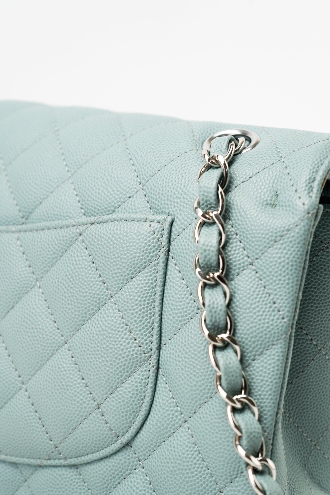 18C Light Blue Caviar Quilted Medium Classic Flap Edge Stitching Silver Hardware