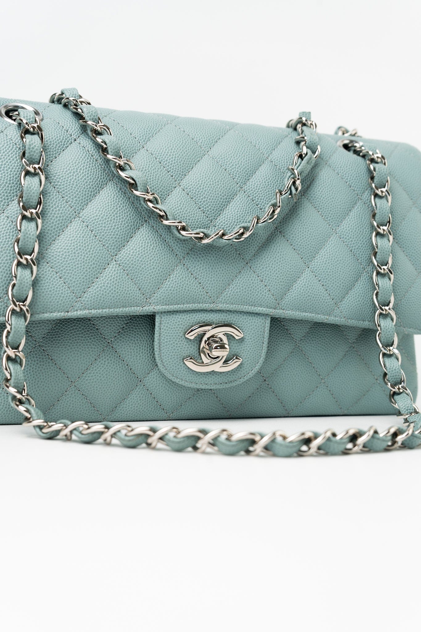 18C Light Blue Caviar Quilted Medium Classic Flap Edge Stitching Silver Hardware