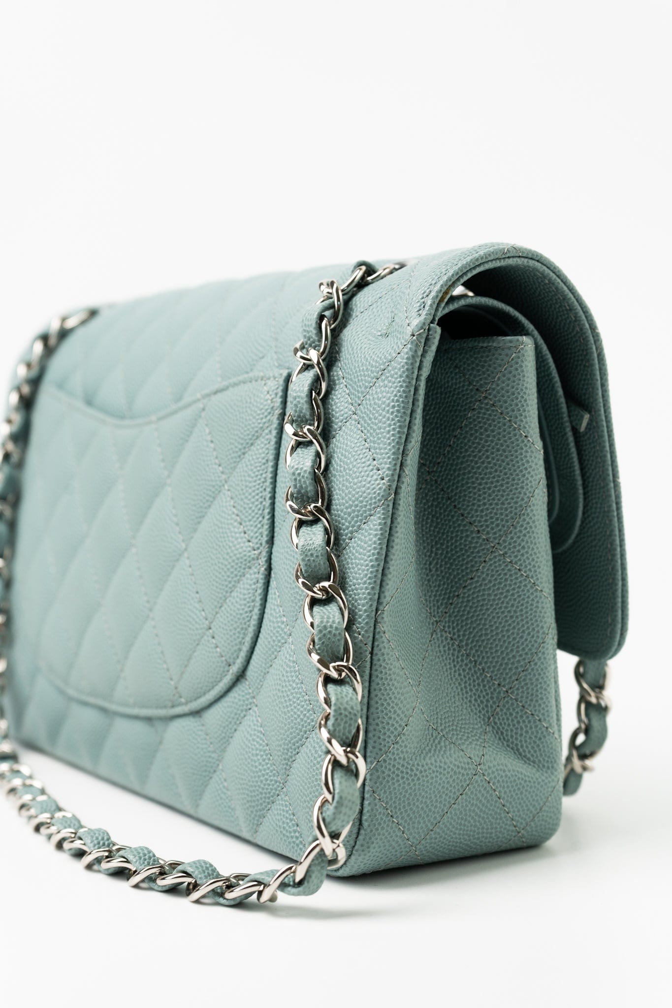 18C Light Blue Caviar Quilted Medium Classic Flap Edge Stitching Silver Hardware