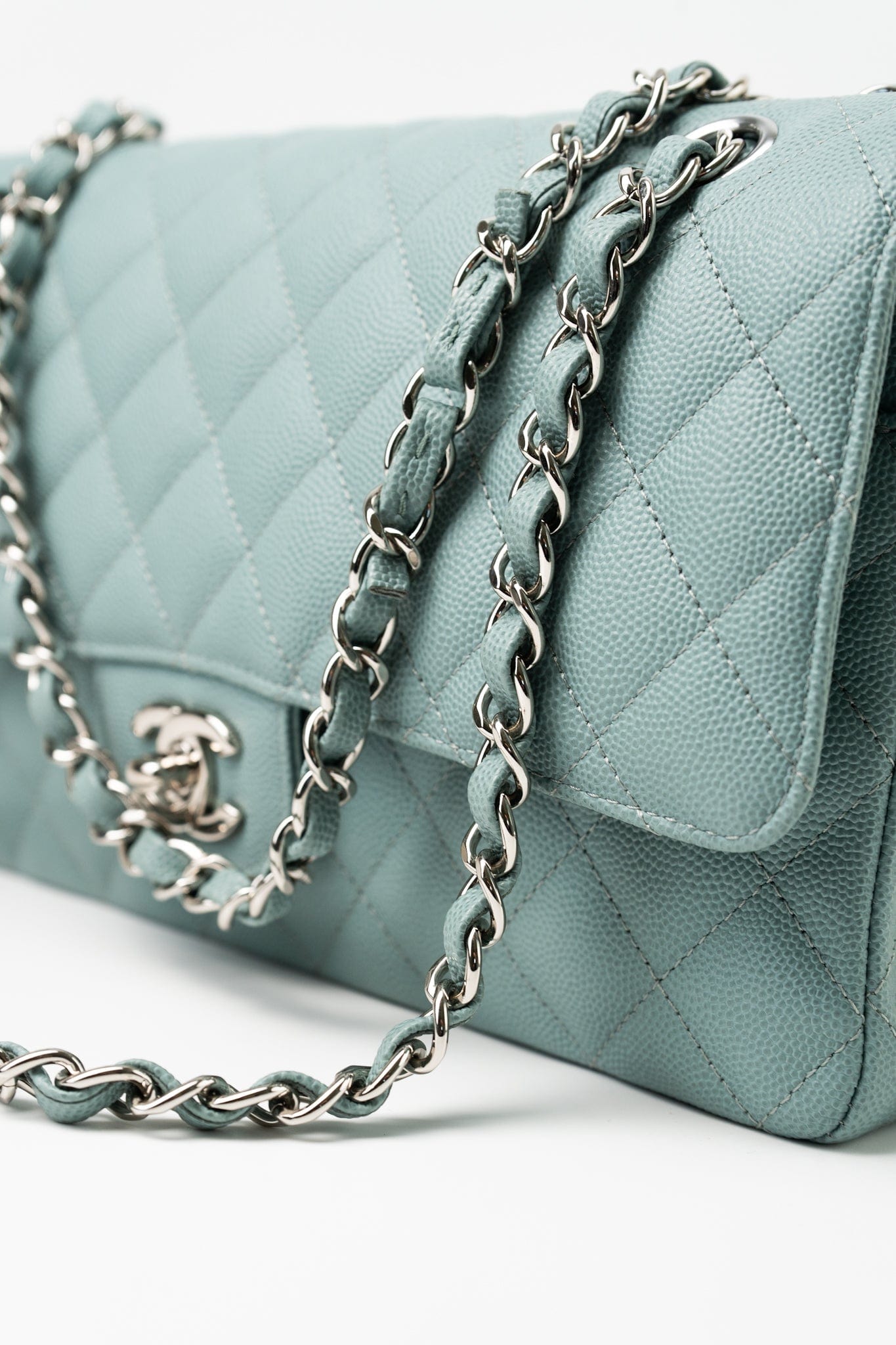 18C Light Blue Caviar Quilted Medium Classic Flap Edge Stitching Silver Hardware