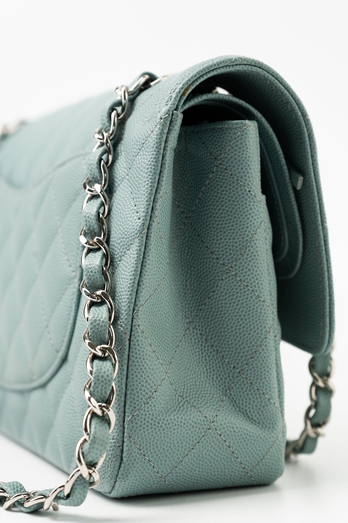 18C Light Blue Caviar Quilted Medium Classic Flap Edge Stitching Silver Hardware