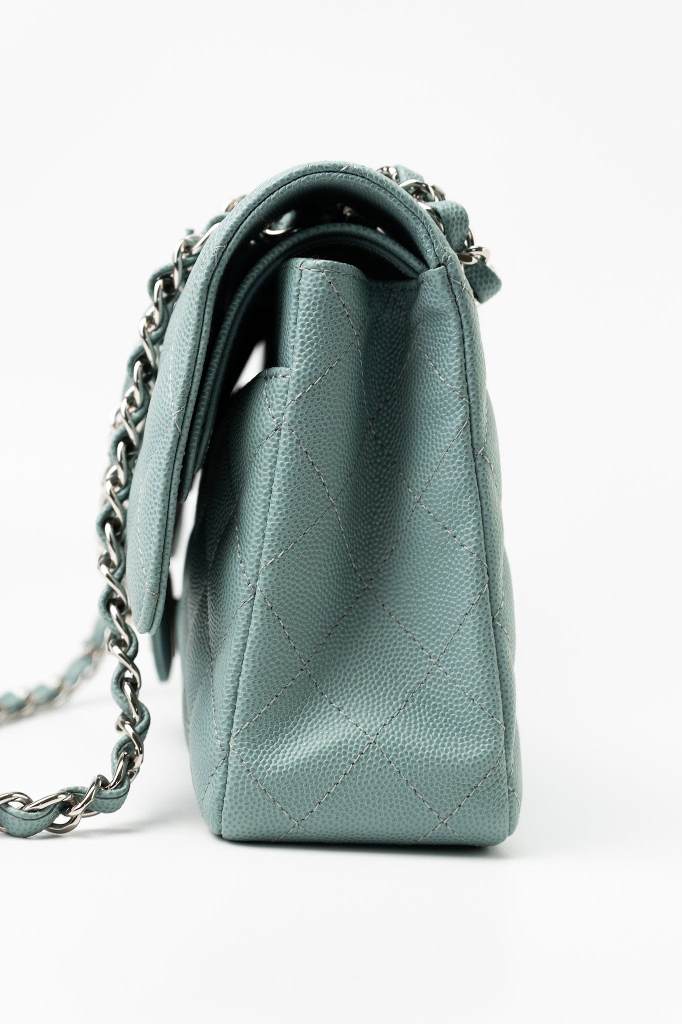 18C Light Blue Caviar Quilted Medium Classic Flap Edge Stitching Silver Hardware