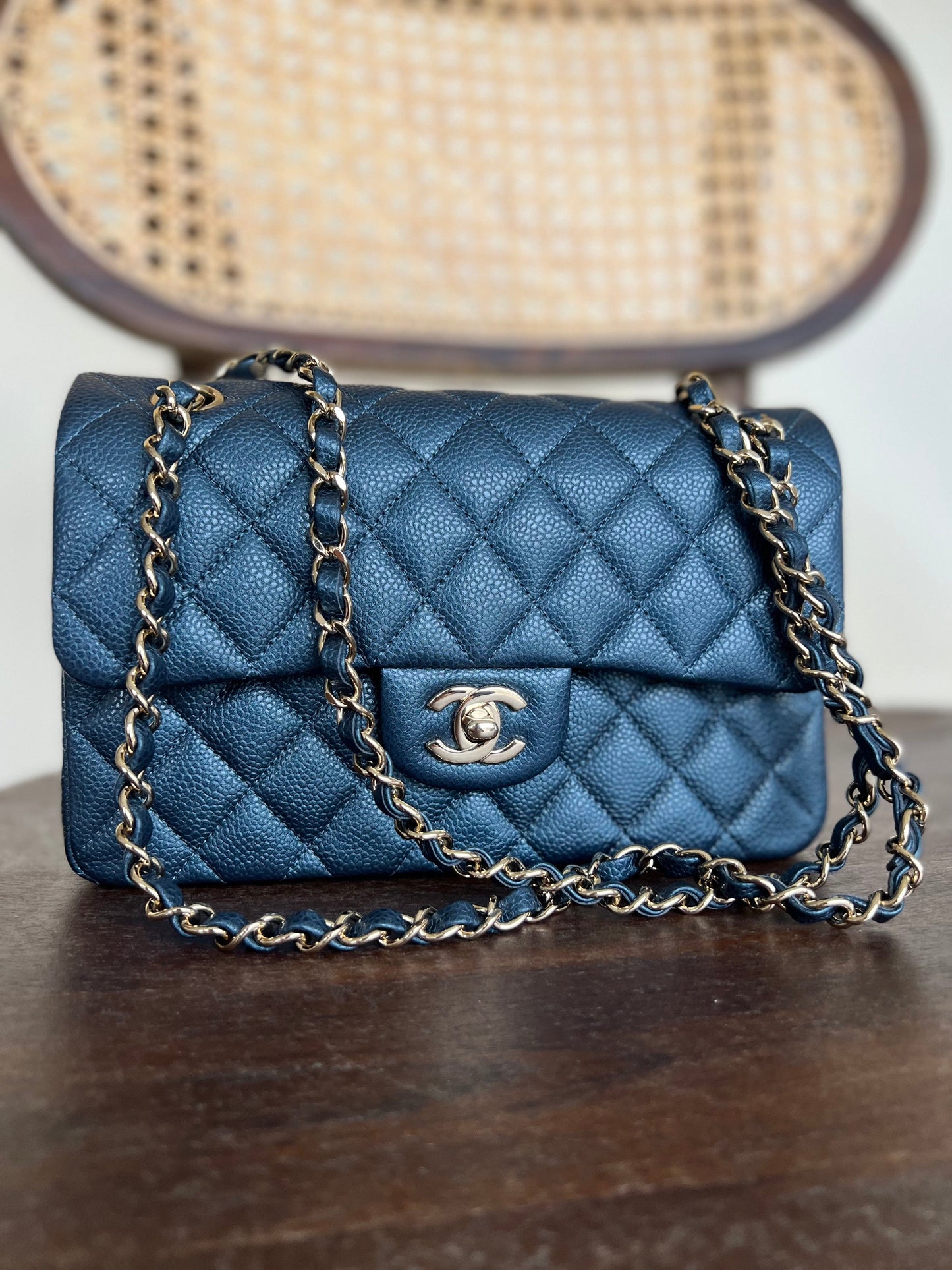 18S Dark Blue Caviar Quilted Classic Double Flap Light Gold Hardware