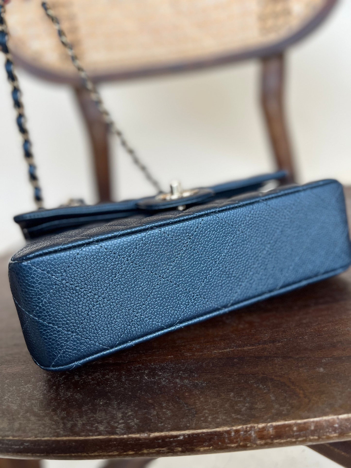 18S Dark Blue Caviar Quilted Classic Double Flap Light Gold Hardware