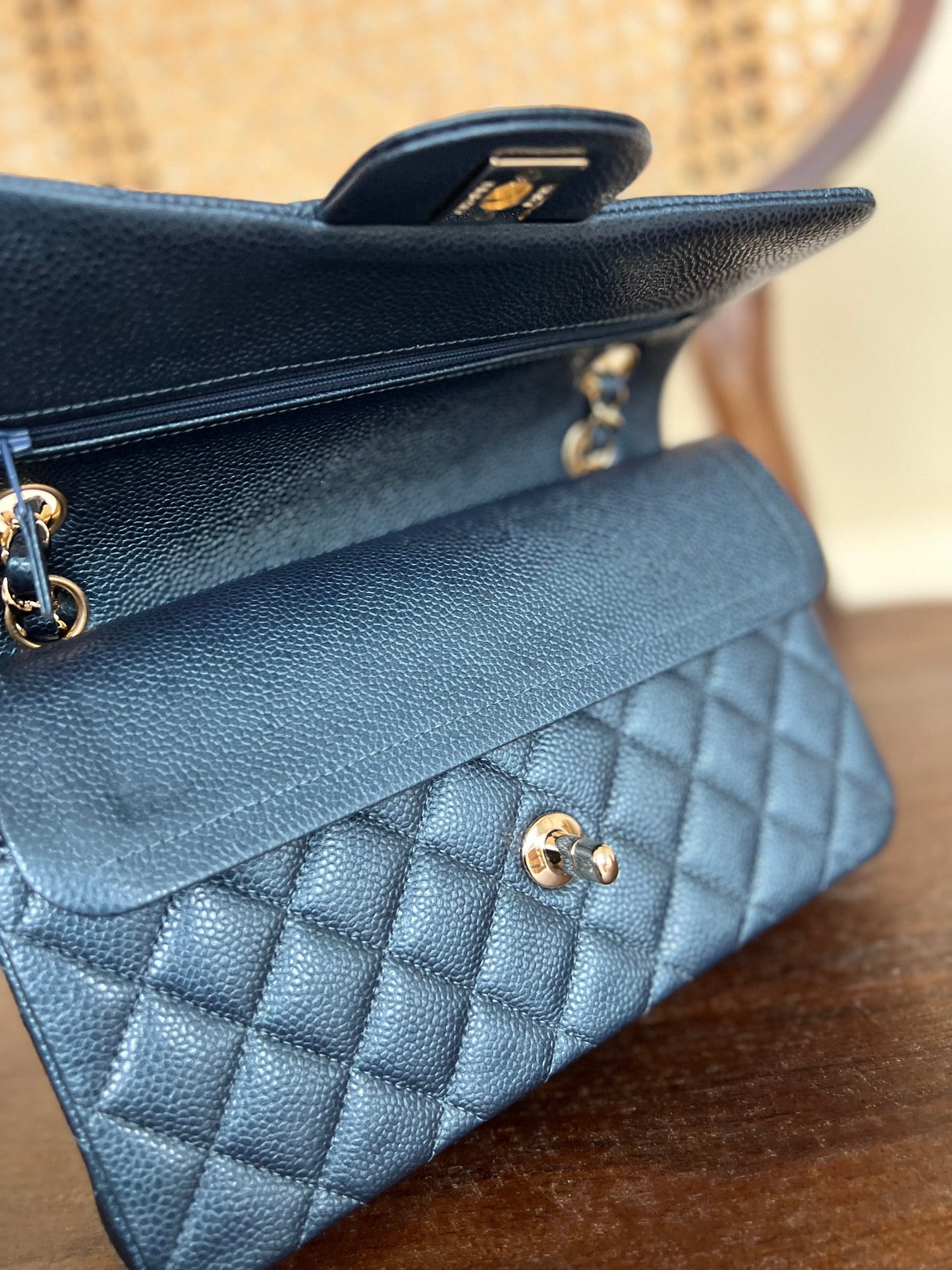 18S Dark Blue Caviar Quilted Classic Double Flap Light Gold Hardware