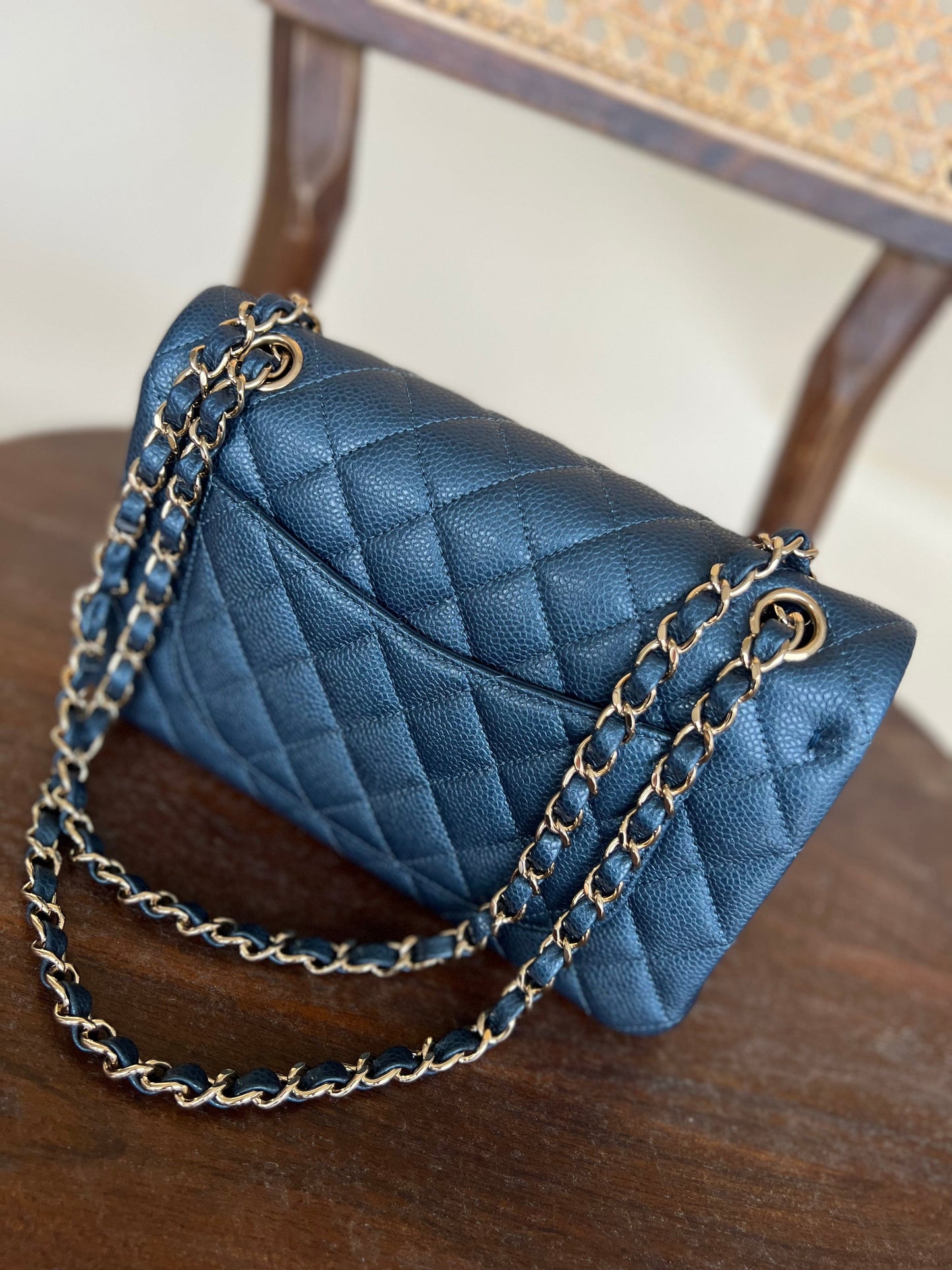 18S Dark Blue Caviar Quilted Classic Double Flap Light Gold Hardware