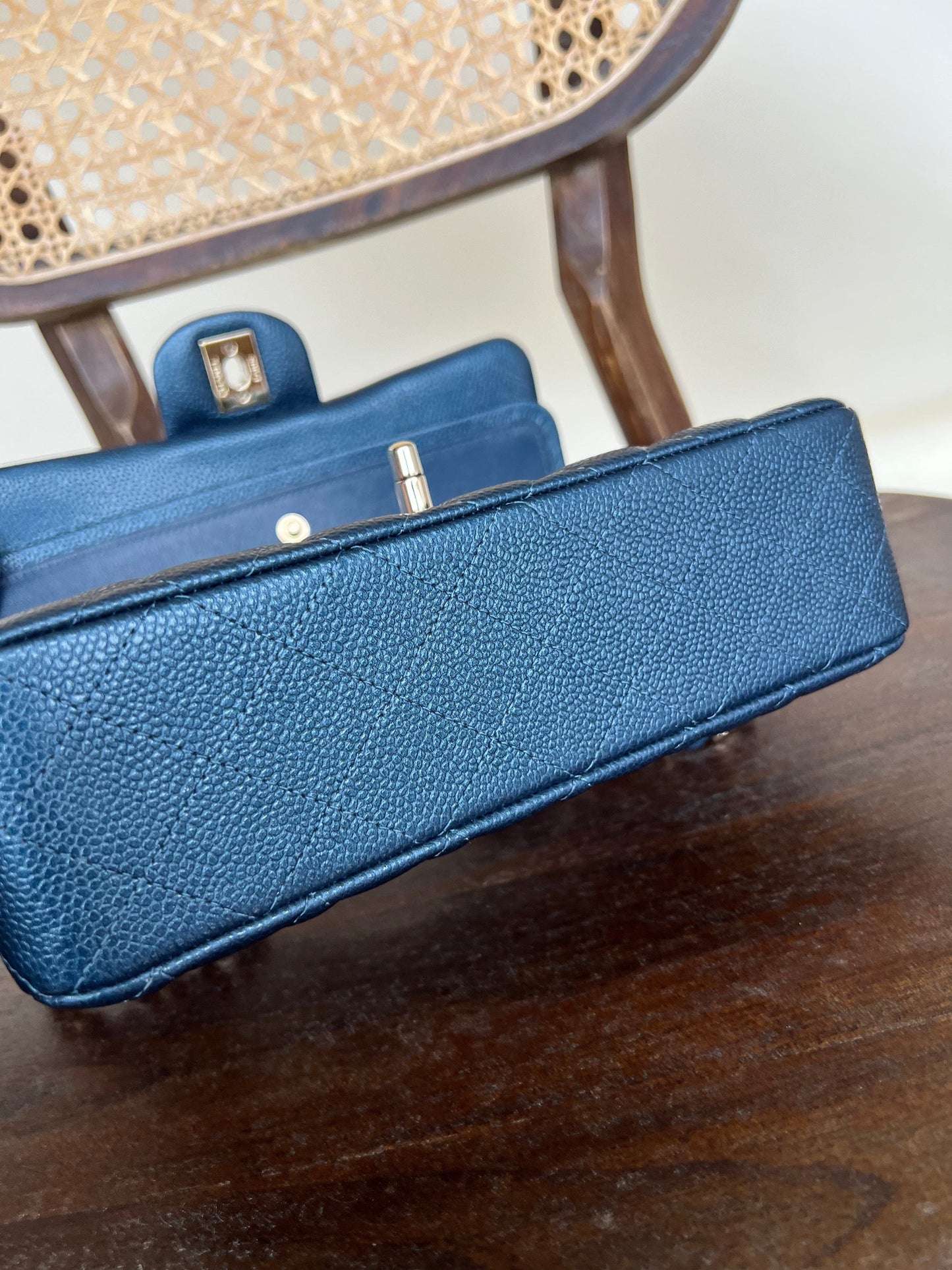 18S Dark Blue Caviar Quilted Classic Double Flap Light Gold Hardware