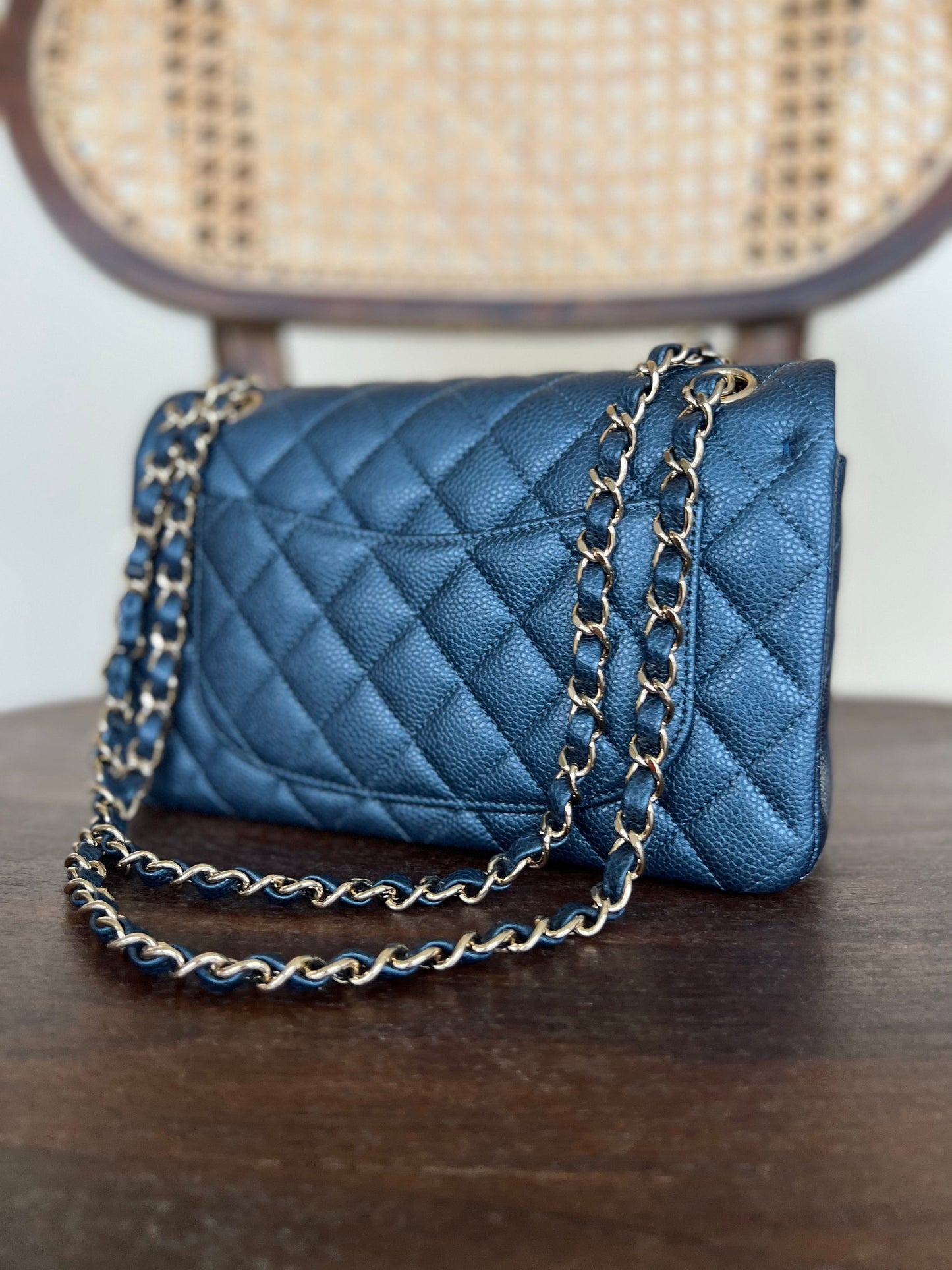 18S Dark Blue Caviar Quilted Classic Double Flap Light Gold Hardware