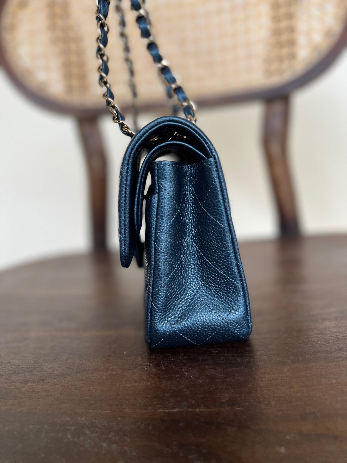 18S Dark Blue Caviar Quilted Classic Double Flap Light Gold Hardware