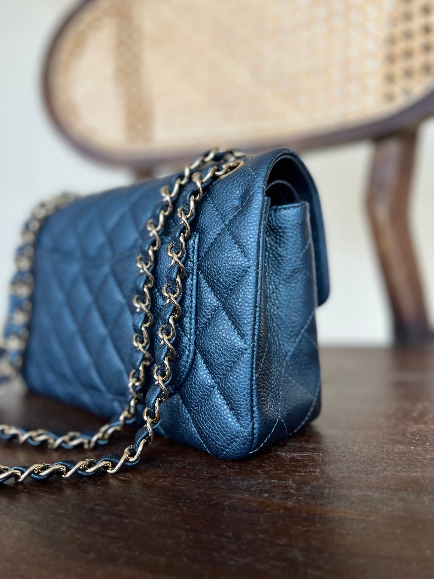 18S Dark Blue Caviar Quilted Classic Double Flap Light Gold Hardware