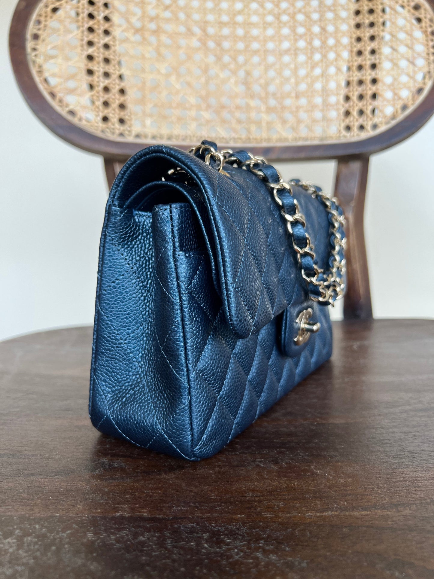 18S Dark Blue Caviar Quilted Classic Double Flap Light Gold Hardware