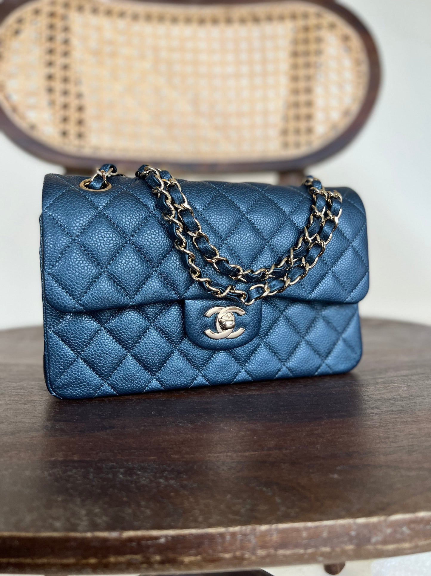 18S Dark Blue Caviar Quilted Classic Double Flap Light Gold Hardware