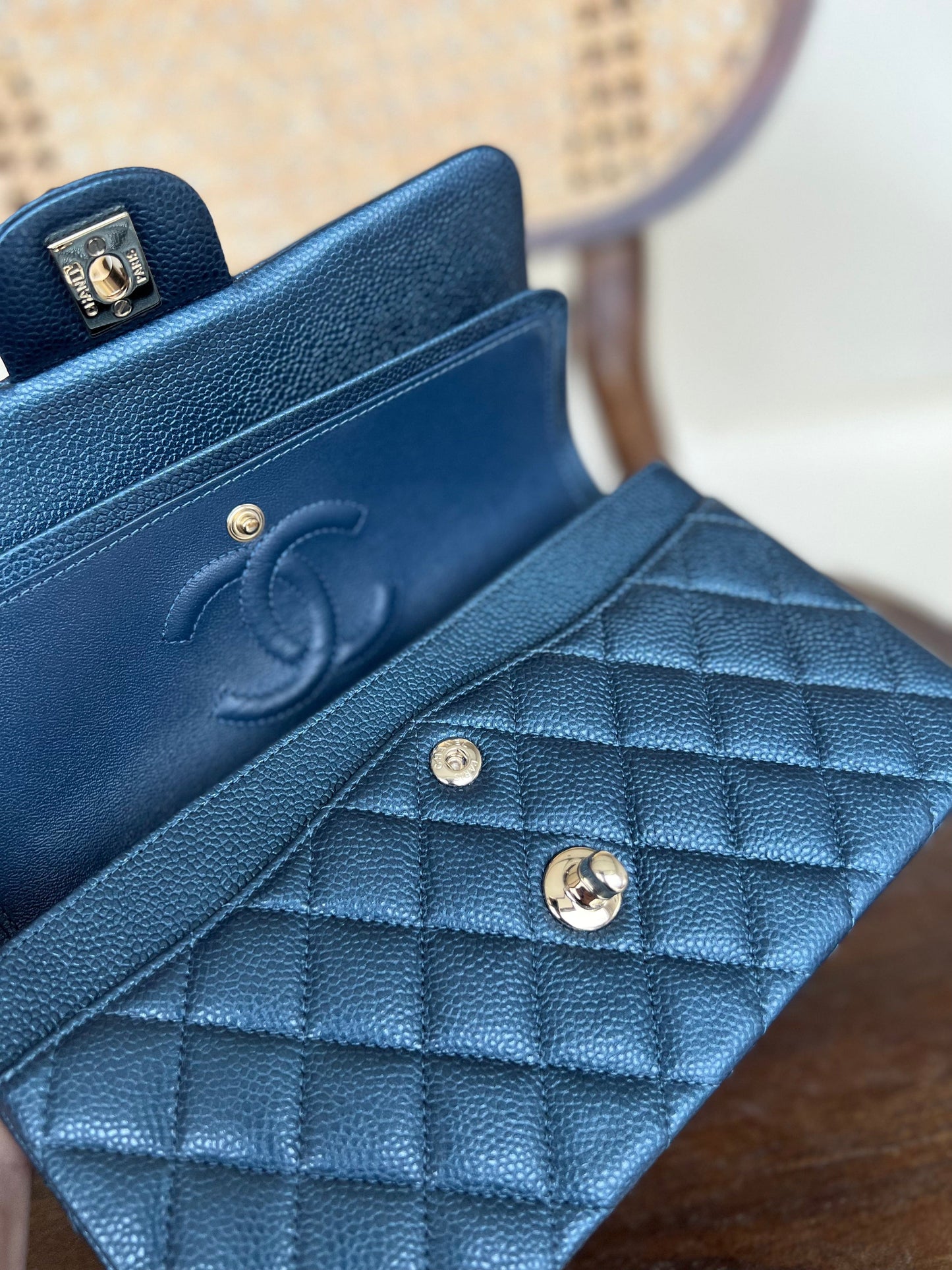 18S Dark Blue Caviar Quilted Classic Double Flap Light Gold Hardware