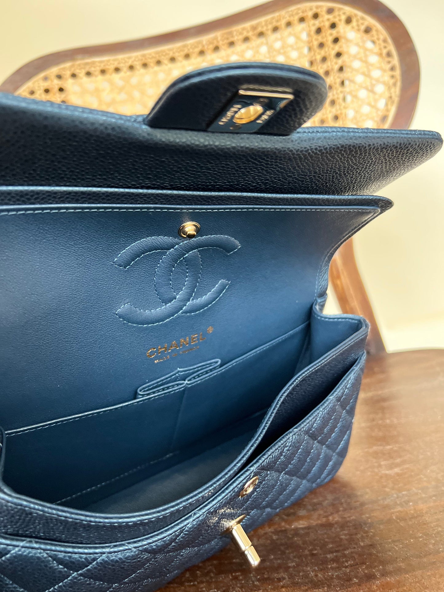 18S Dark Blue Caviar Quilted Classic Double Flap Light Gold Hardware