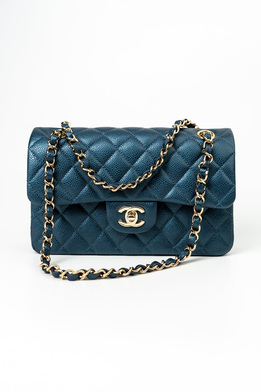 18S Dark Blue Small Caviar Quilted Classic Double Flap Light Gold Hardware