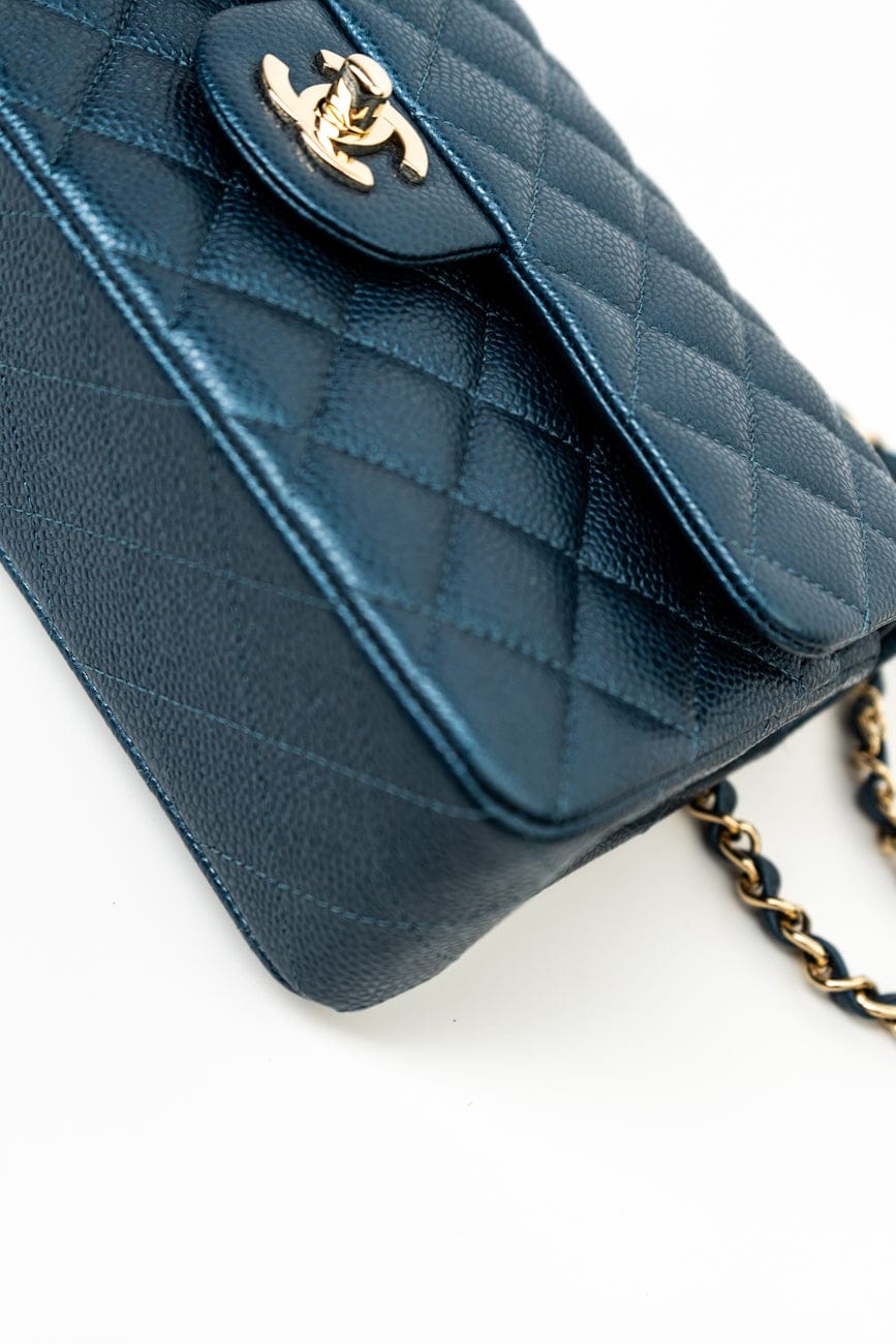 18S Dark Blue Small Caviar Quilted Classic Double Flap Light Gold Hardware