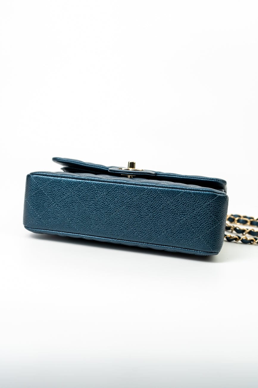 18S Dark Blue Small Caviar Quilted Classic Double Flap Light Gold Hardware
