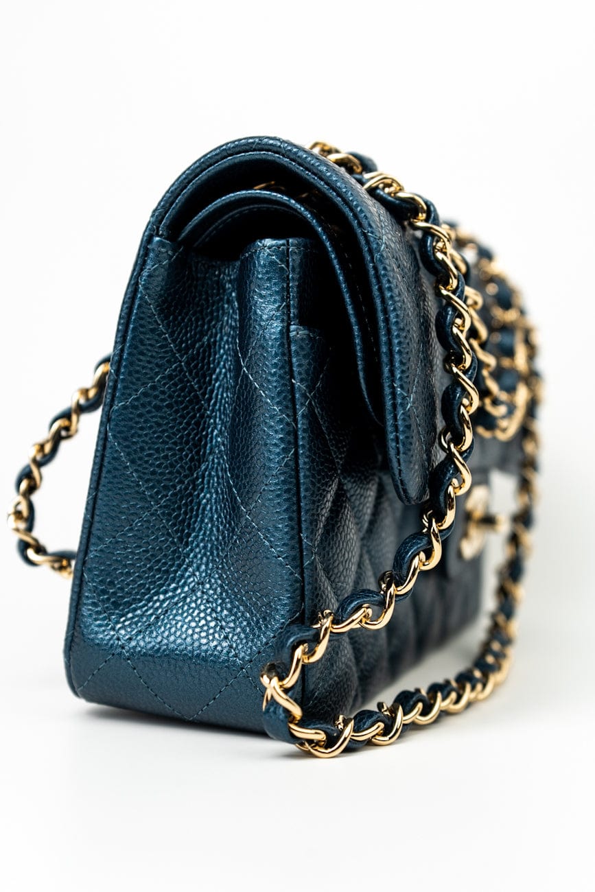 18S Dark Blue Small Caviar Quilted Classic Double Flap Light Gold Hardware