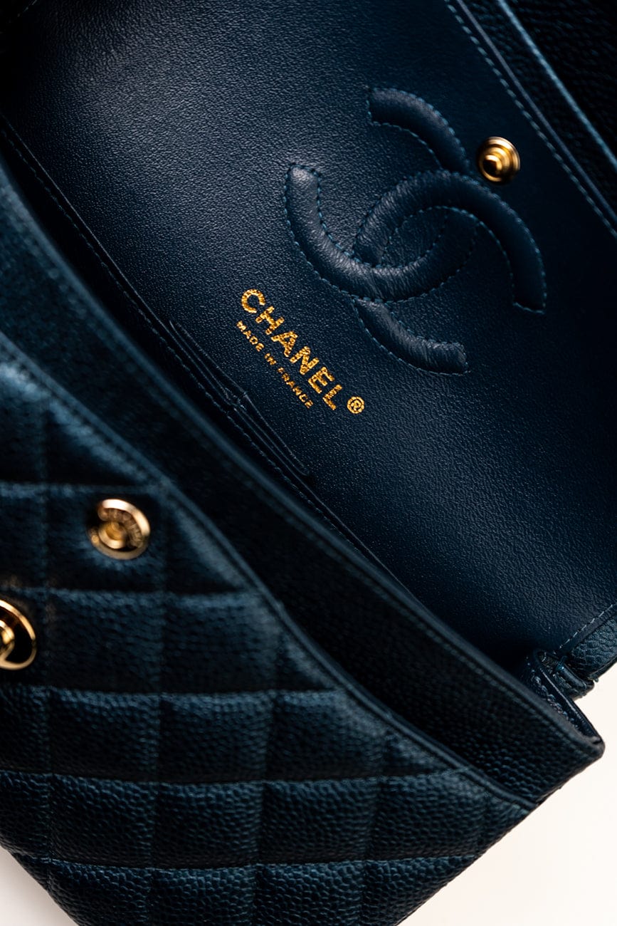 18S Dark Blue Small Caviar Quilted Classic Double Flap Light Gold Hardware