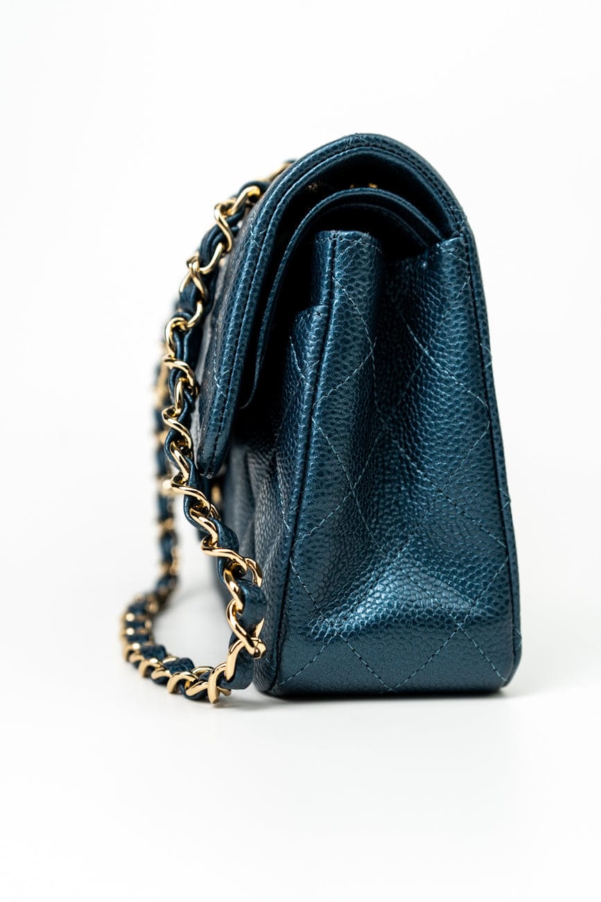 18S Dark Blue Small Caviar Quilted Classic Double Flap Light Gold Hardware