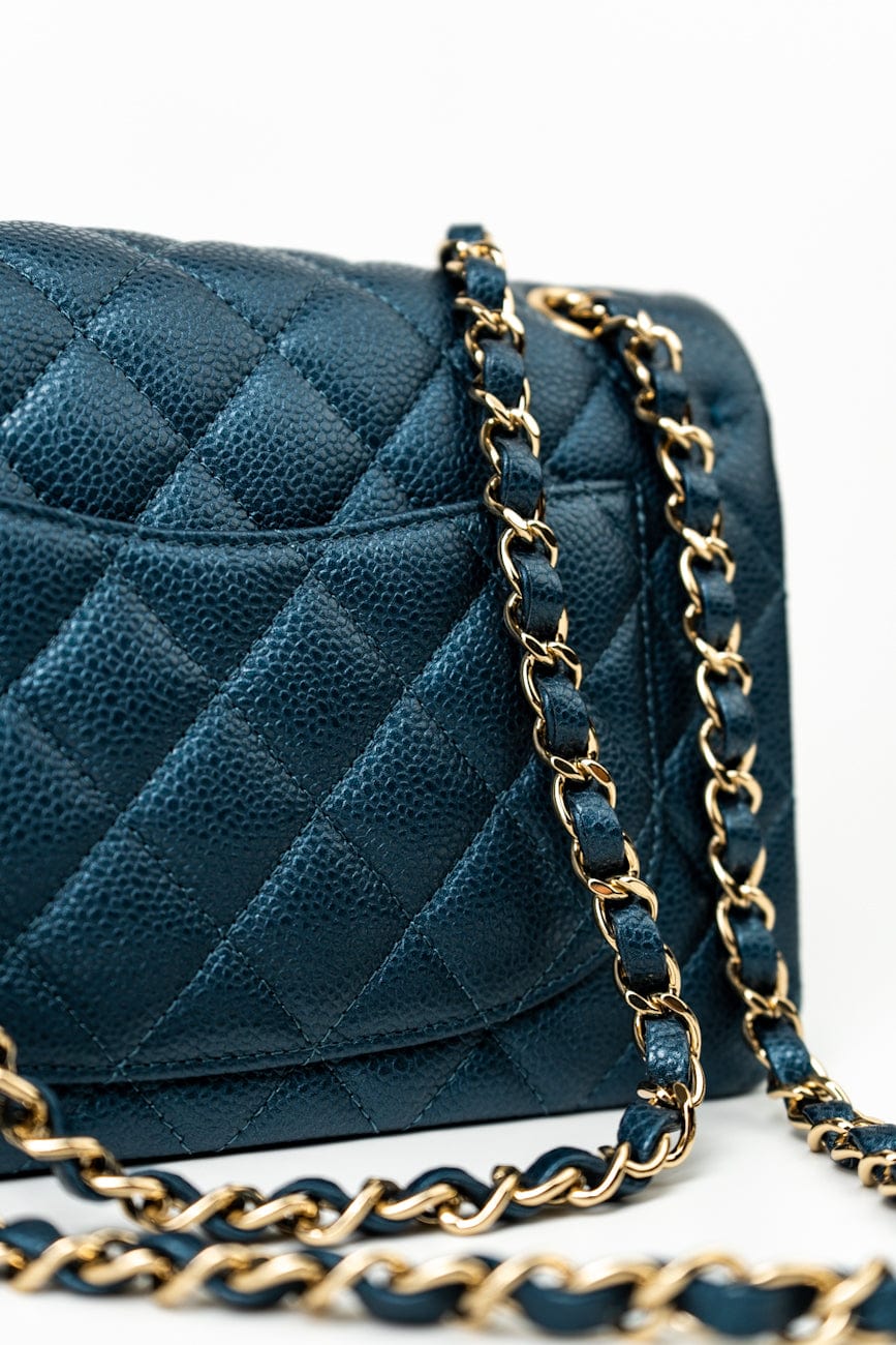18S Dark Blue Small Caviar Quilted Classic Double Flap Light Gold Hardware