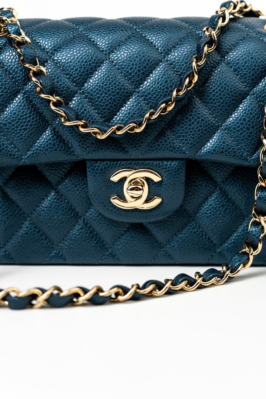18S Dark Blue Small Caviar Quilted Classic Double Flap Light Gold Hardware