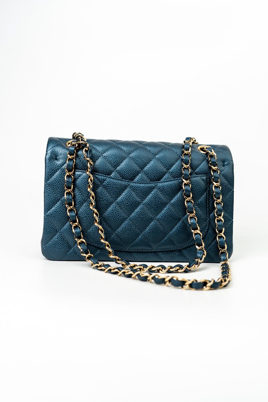 18S Dark Blue Small Caviar Quilted Classic Double Flap Light Gold Hardware