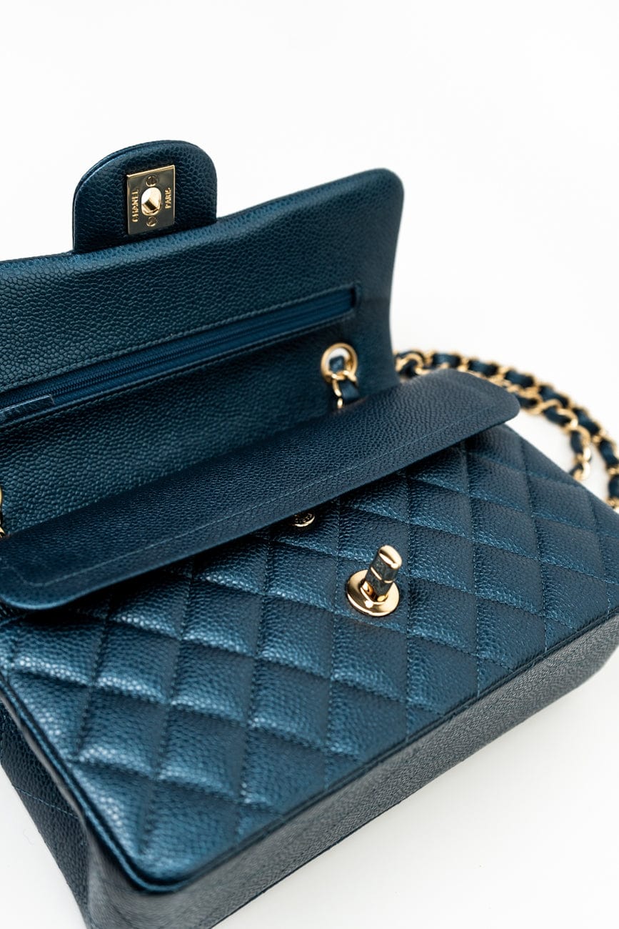 18S Dark Blue Small Caviar Quilted Classic Double Flap Light Gold Hardware