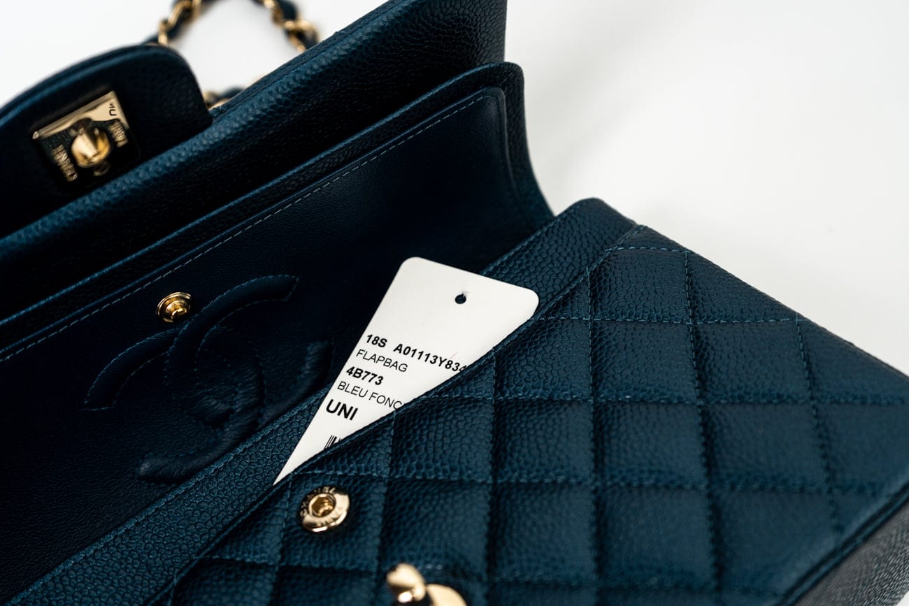 18S Dark Blue Small Caviar Quilted Classic Double Flap Light Gold Hardware