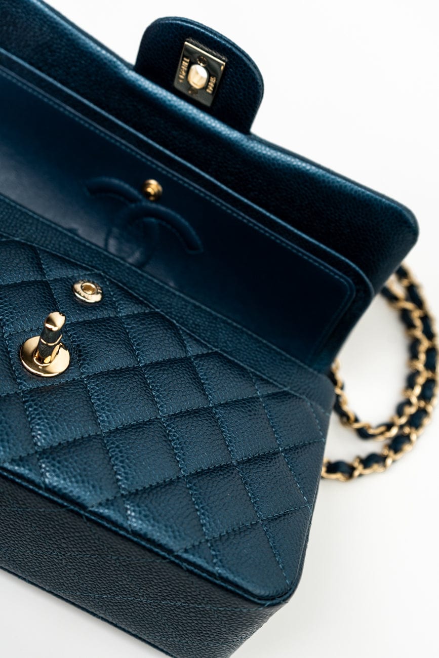 18S Dark Blue Small Caviar Quilted Classic Double Flap Light Gold Hardware