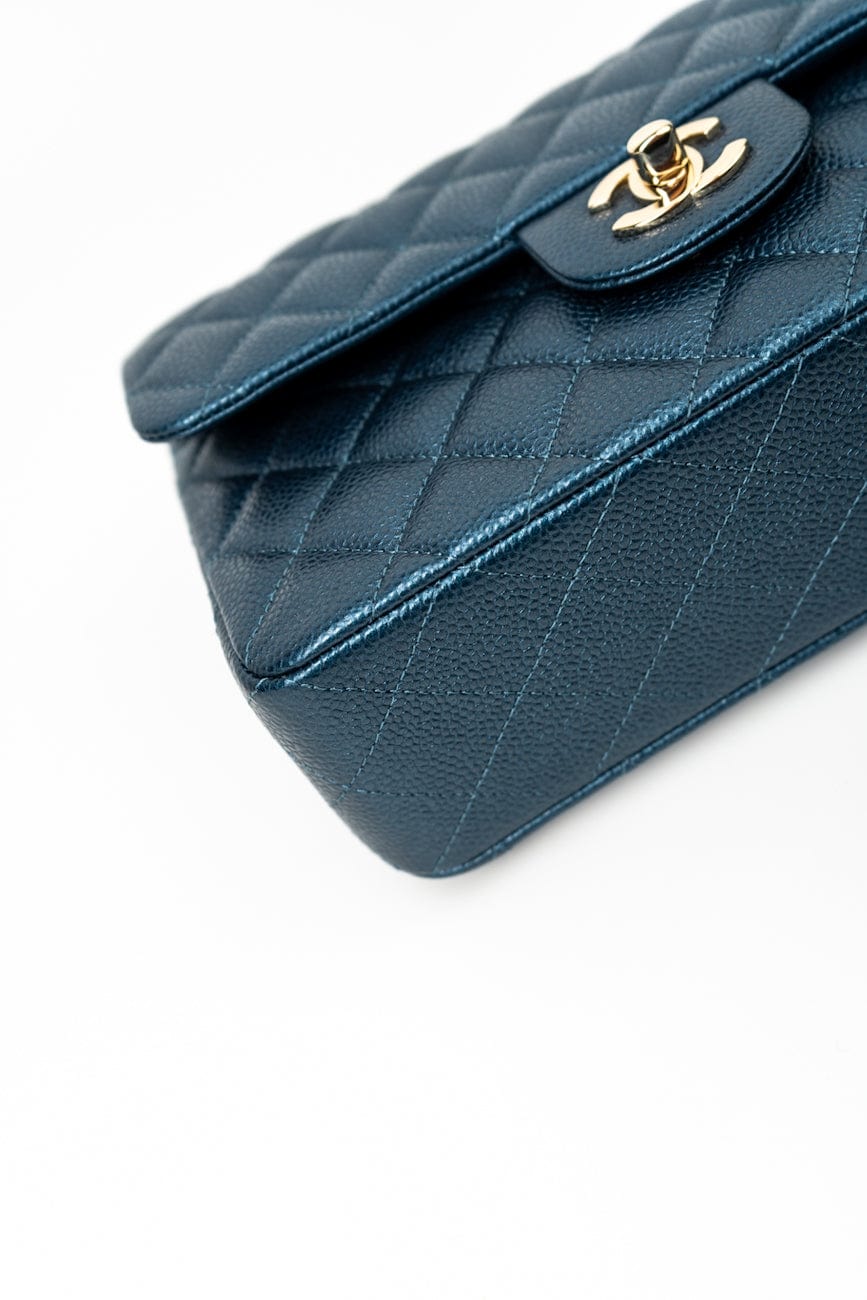 18S Dark Blue Small Caviar Quilted Classic Double Flap Light Gold Hardware