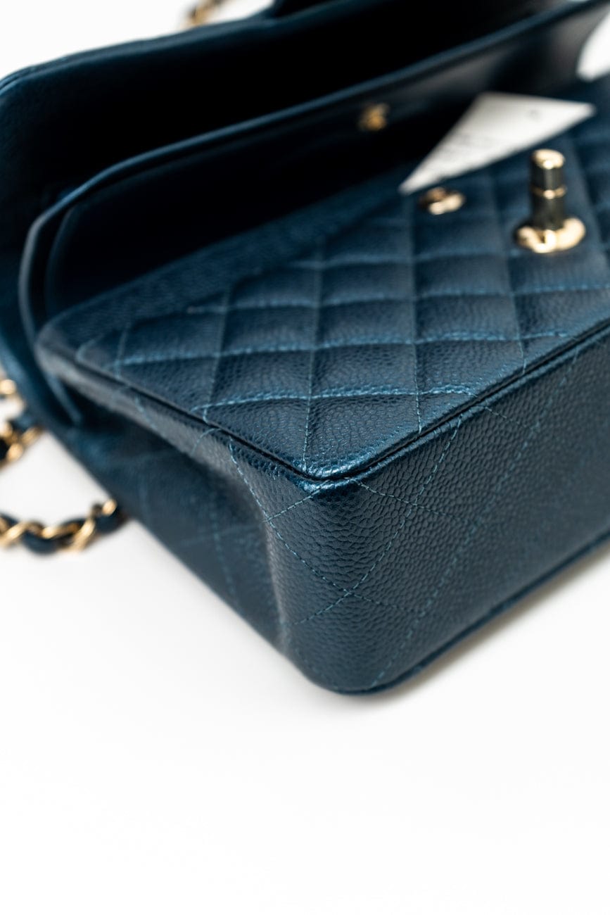 18S Dark Blue Small Caviar Quilted Classic Double Flap Light Gold Hardware