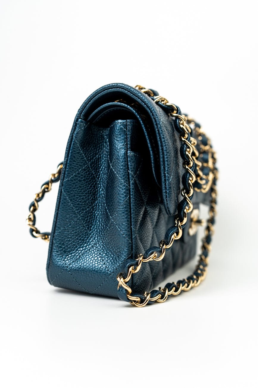 18S Dark Blue Small Caviar Quilted Classic Double Flap Light Gold Hardware