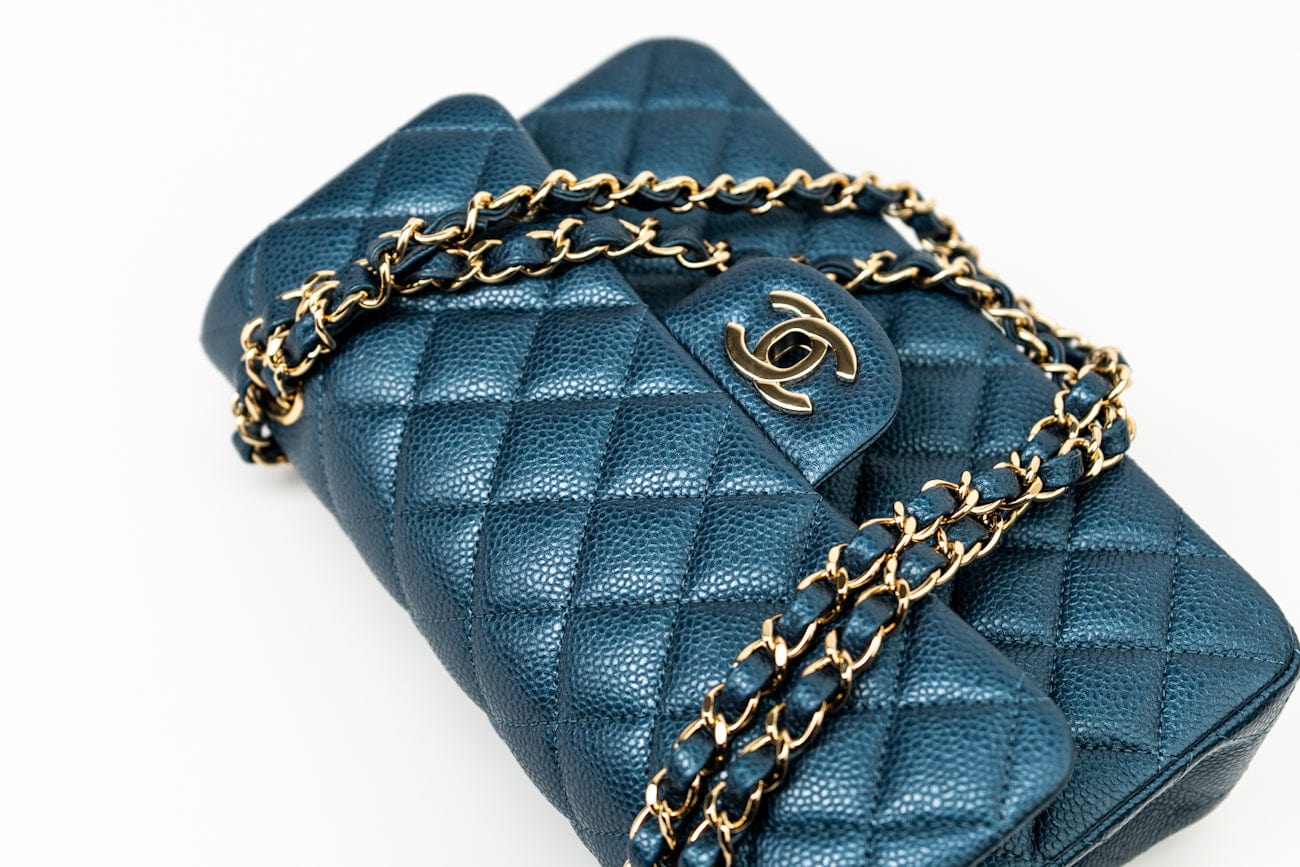 18S Dark Blue Small Caviar Quilted Classic Double Flap Light Gold Hardware