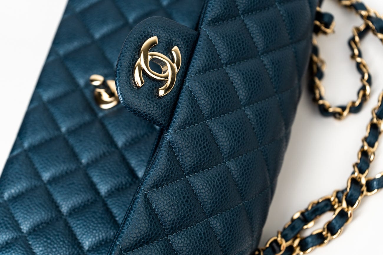18S Dark Blue Small Caviar Quilted Classic Double Flap Light Gold Hardware