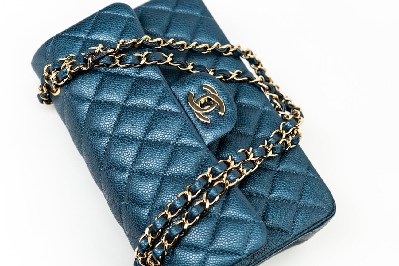 18S Dark Blue Small Caviar Quilted Classic Double Flap Light Gold Hardware