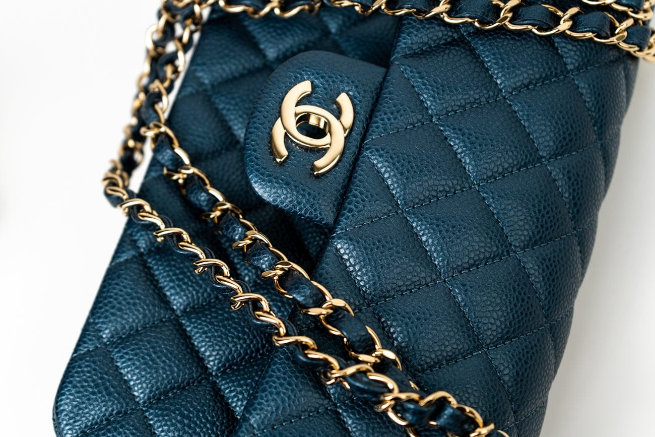 18S Dark Blue Small Caviar Quilted Classic Double Flap Light Gold Hardware