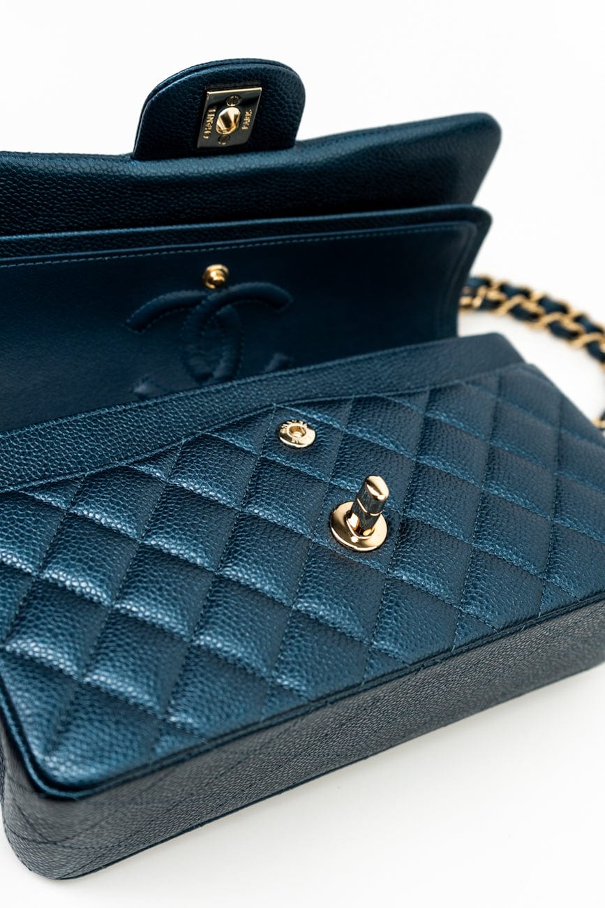 18S Dark Blue Small Caviar Quilted Classic Double Flap Light Gold Hardware