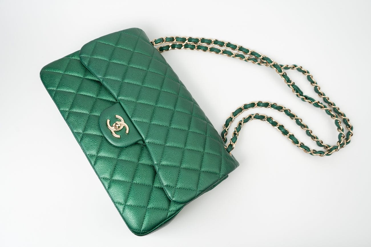 18S Emerald Green Caviar Quilted Classic Flap Jumbo Light Gold Hardware