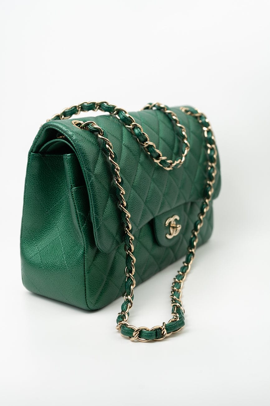 18S Emerald Green Caviar Quilted Classic Flap Jumbo Light Gold Hardware
