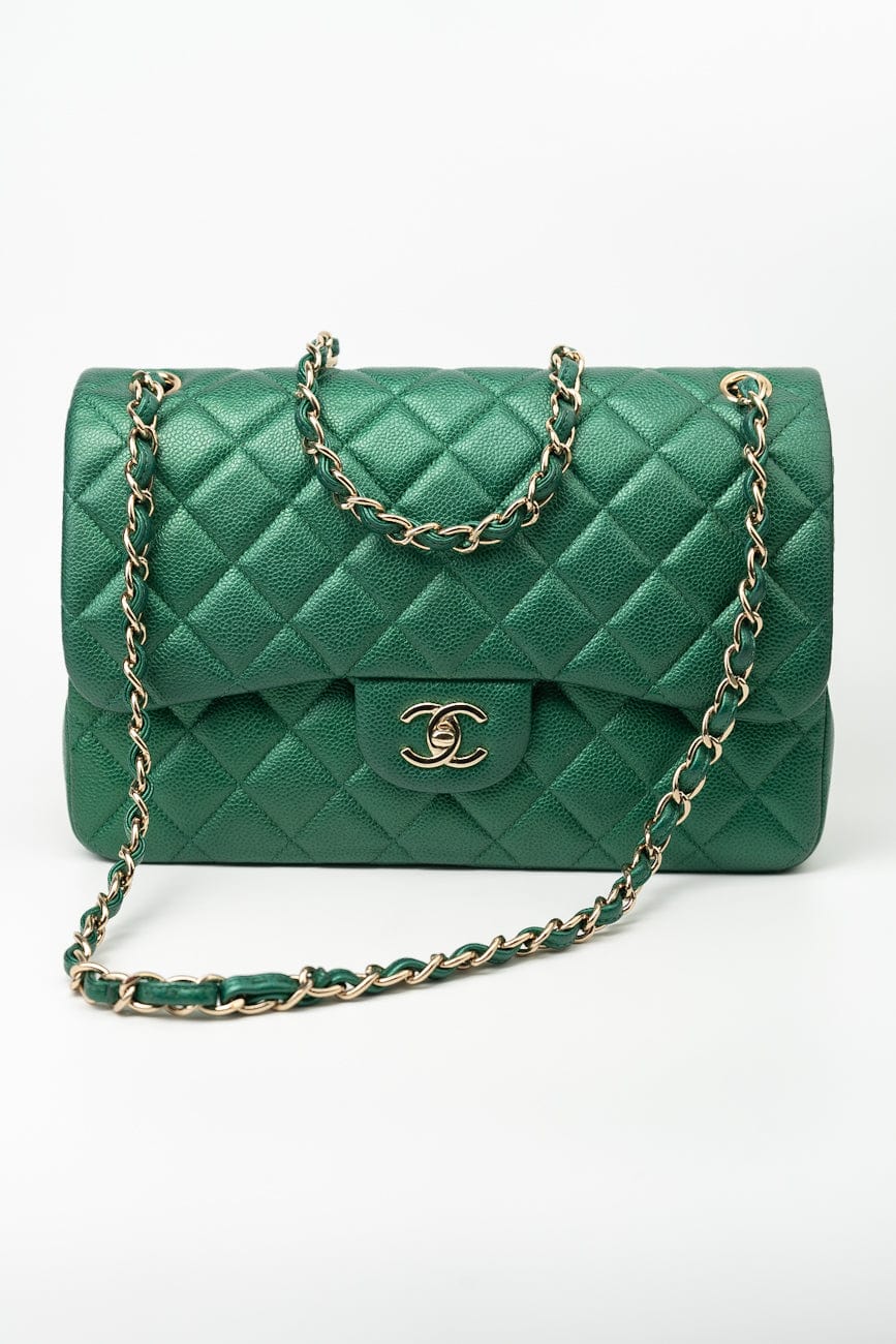 18S Emerald Green Caviar Quilted Classic Flap Jumbo Light Gold Hardware