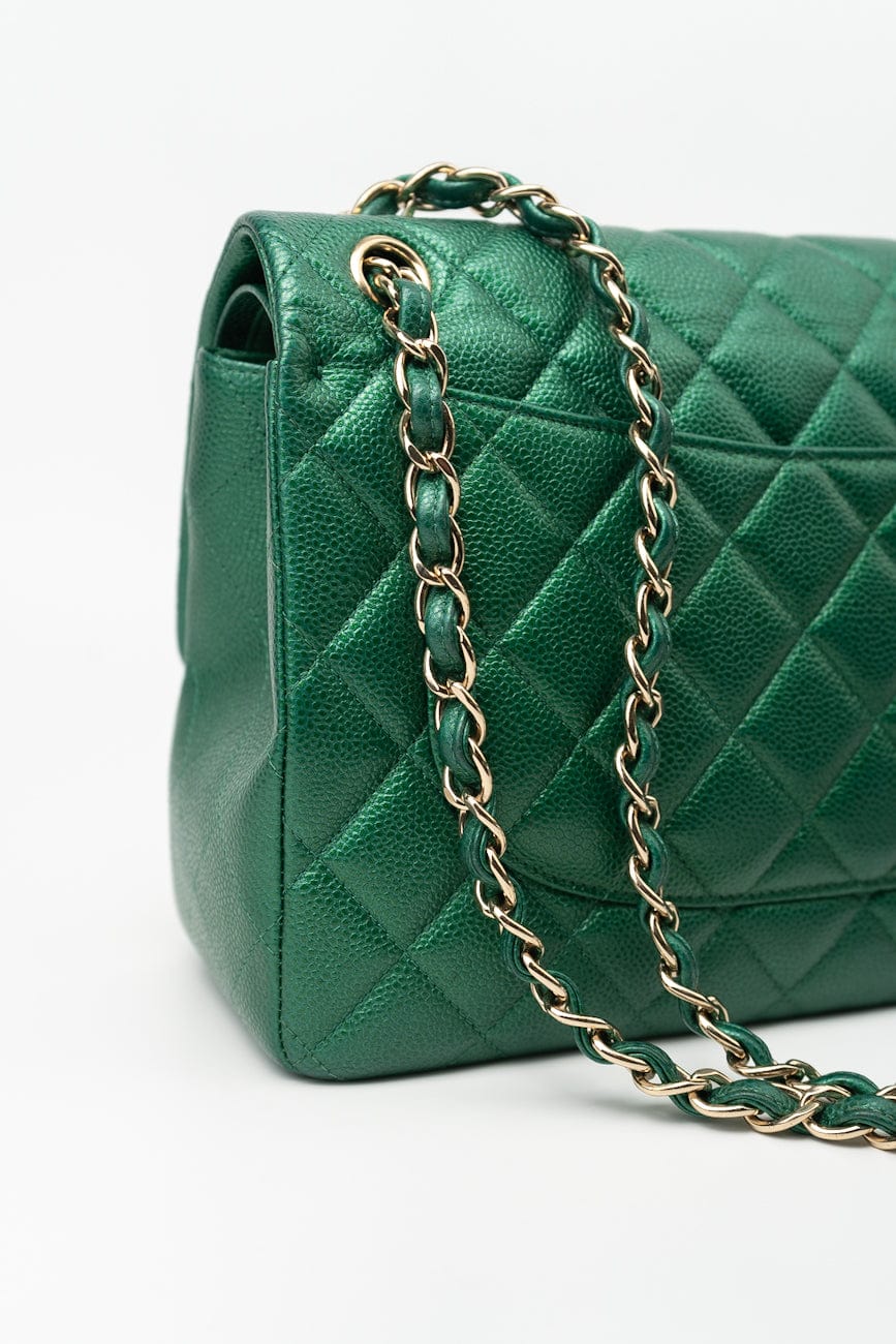 18S Emerald Green Caviar Quilted Classic Flap Jumbo Light Gold Hardware