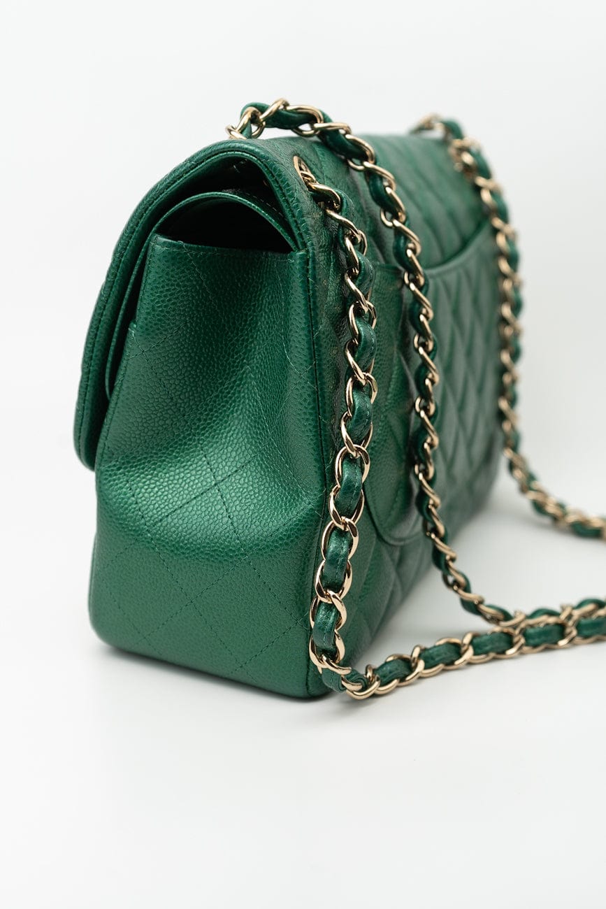 18S Emerald Green Caviar Quilted Classic Flap Jumbo Light Gold Hardware