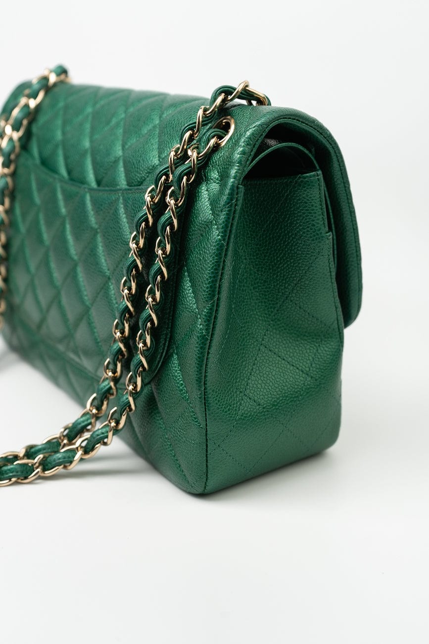 18S Emerald Green Caviar Quilted Classic Flap Jumbo Light Gold Hardware