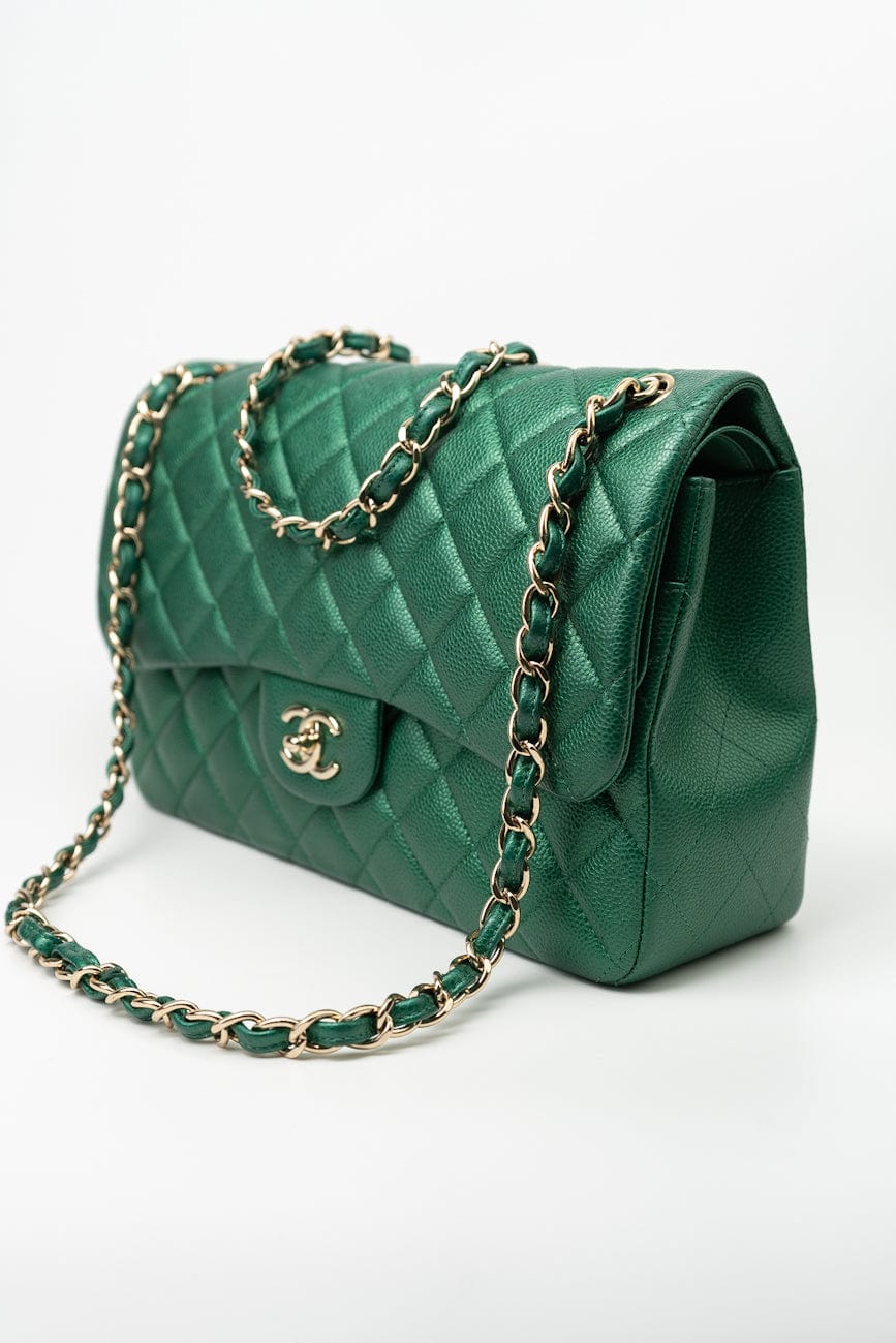 18S Emerald Green Caviar Quilted Classic Flap Jumbo Light Gold Hardware