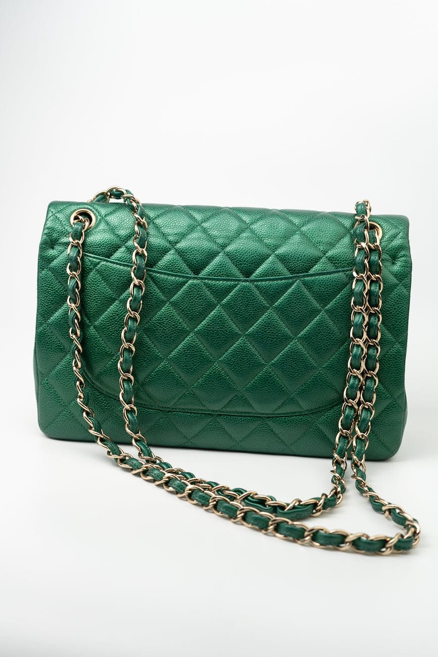 18S Emerald Green Caviar Quilted Classic Flap Jumbo Light Gold Hardware