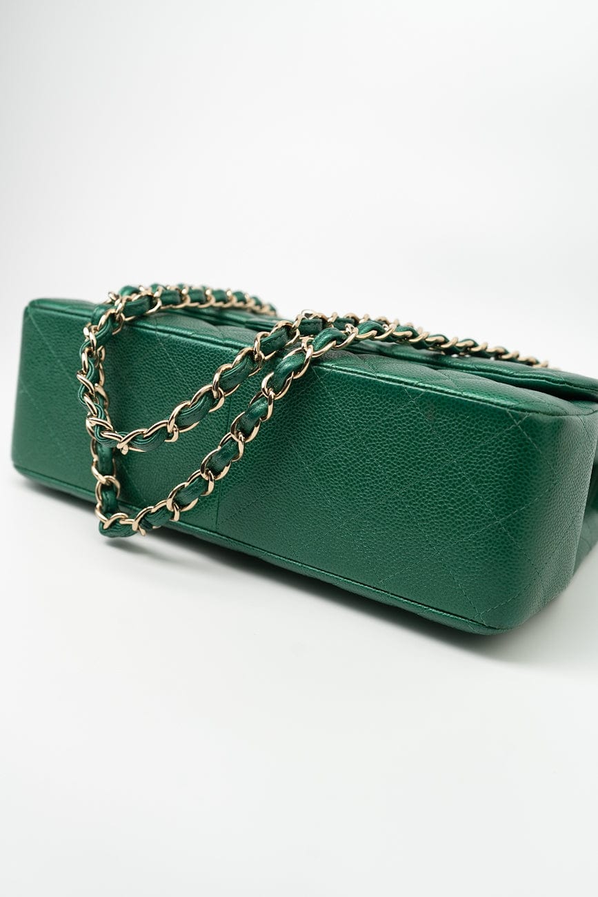 18S Emerald Green Caviar Quilted Classic Flap Jumbo Light Gold Hardware