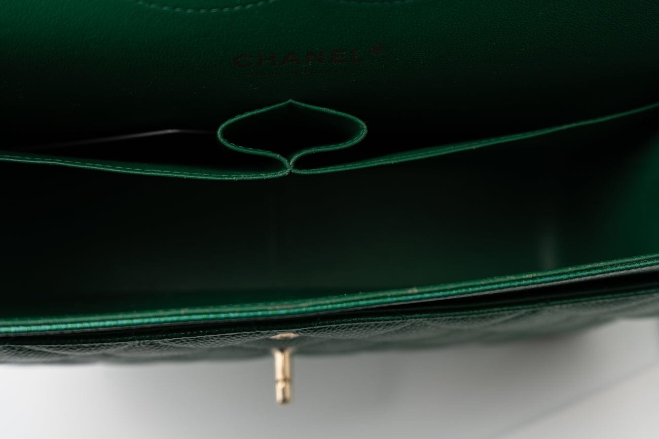 18S Emerald Green Caviar Quilted Classic Flap Jumbo Light Gold Hardware