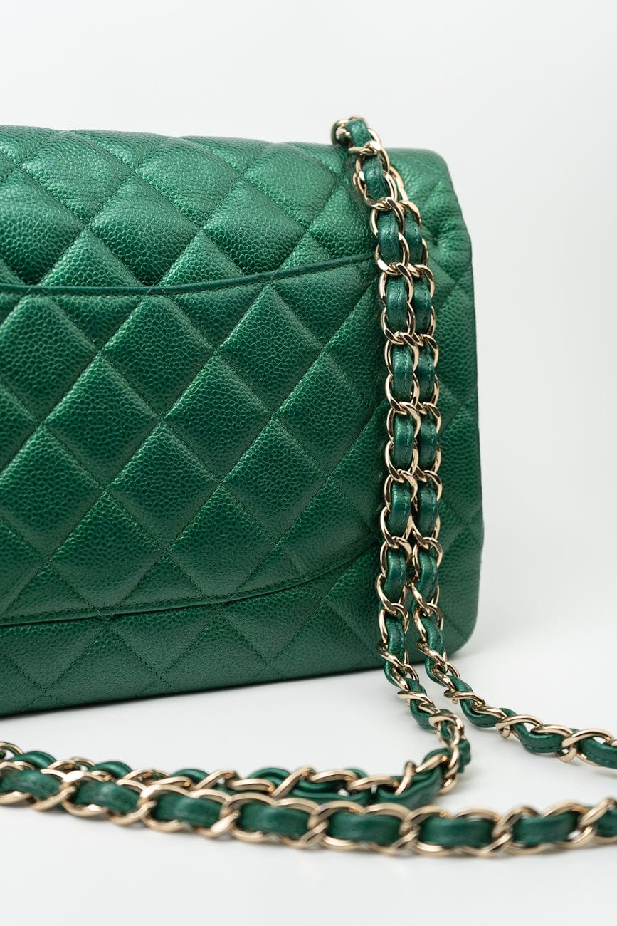 18S Emerald Green Caviar Quilted Classic Flap Jumbo Light Gold Hardware