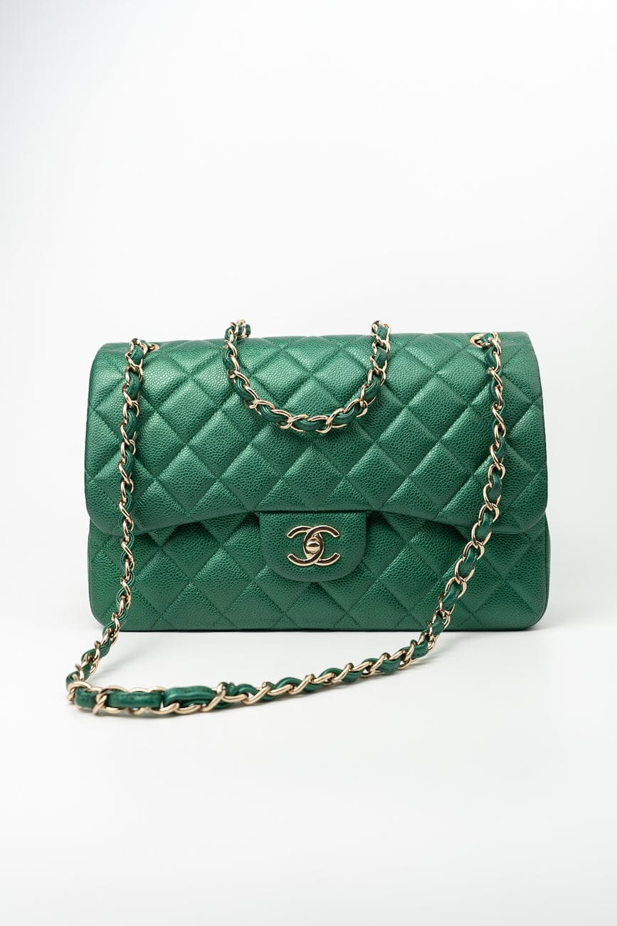 18S Emerald Green Caviar Quilted Classic Flap Jumbo Light Gold Hardware